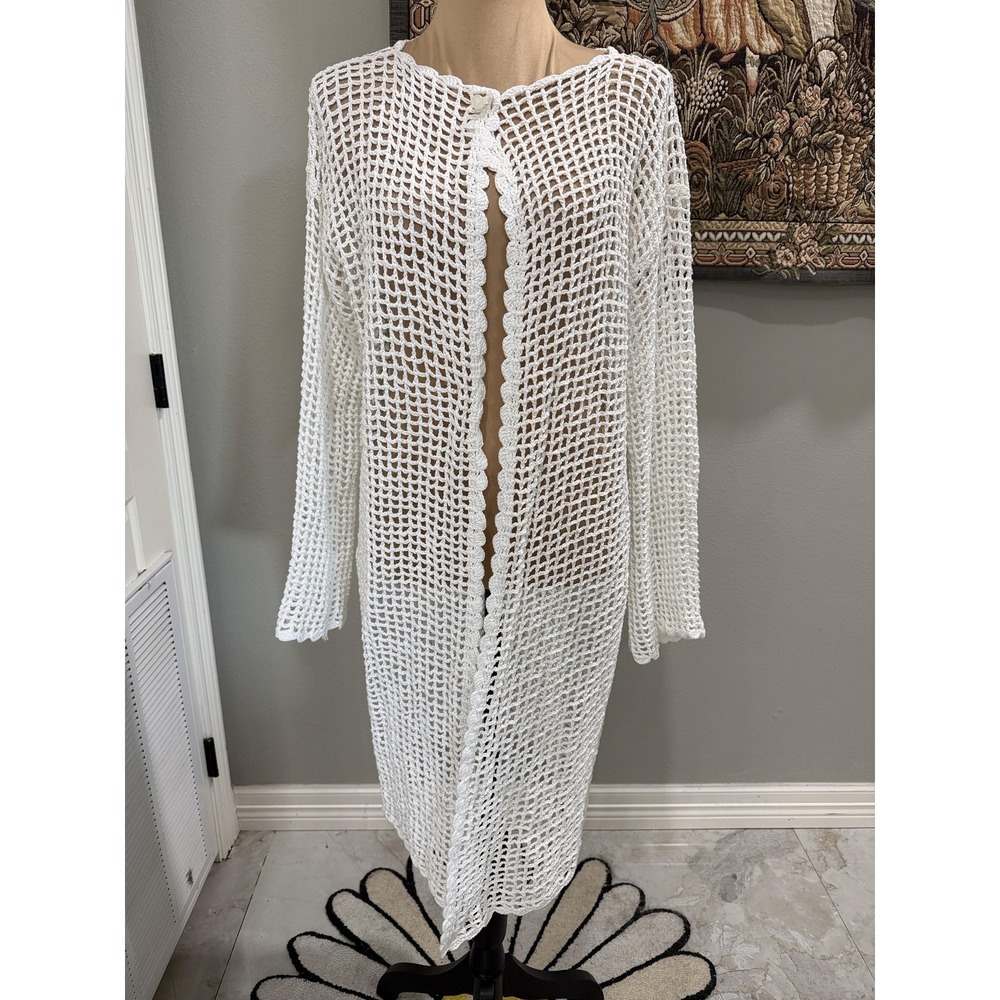 Cardigan Womens Medium White Crochet Long Sleeve Open Knit Beach Duster Cover Up